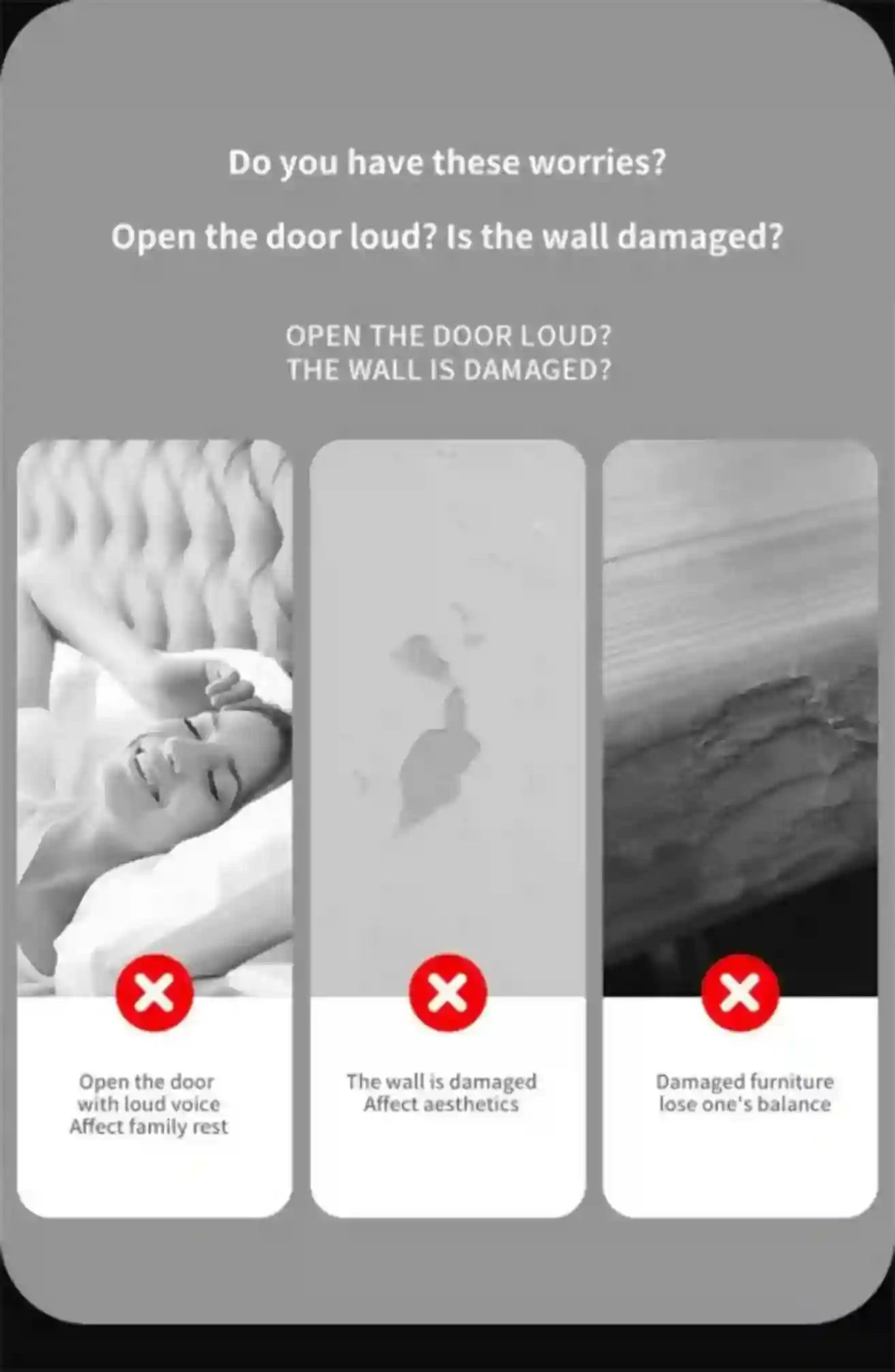 Advertisement with a woman lying on a bed, text about door noise and wall damage, and red crosses indicating issues.