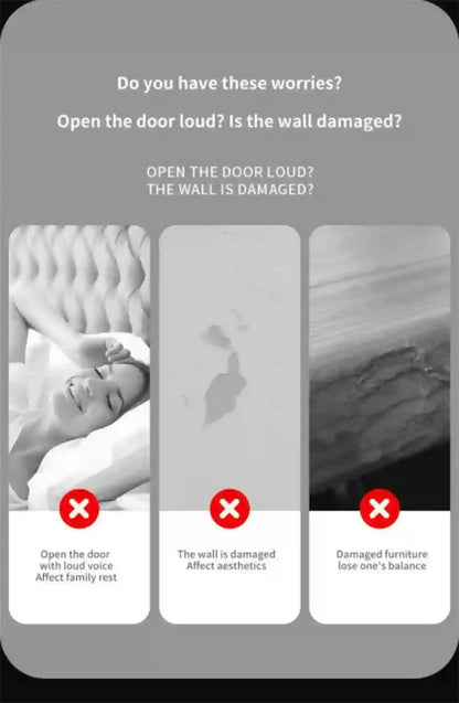 Advertisement with a woman lying on a bed, text about door noise and wall damage, and red crosses indicating issues.
