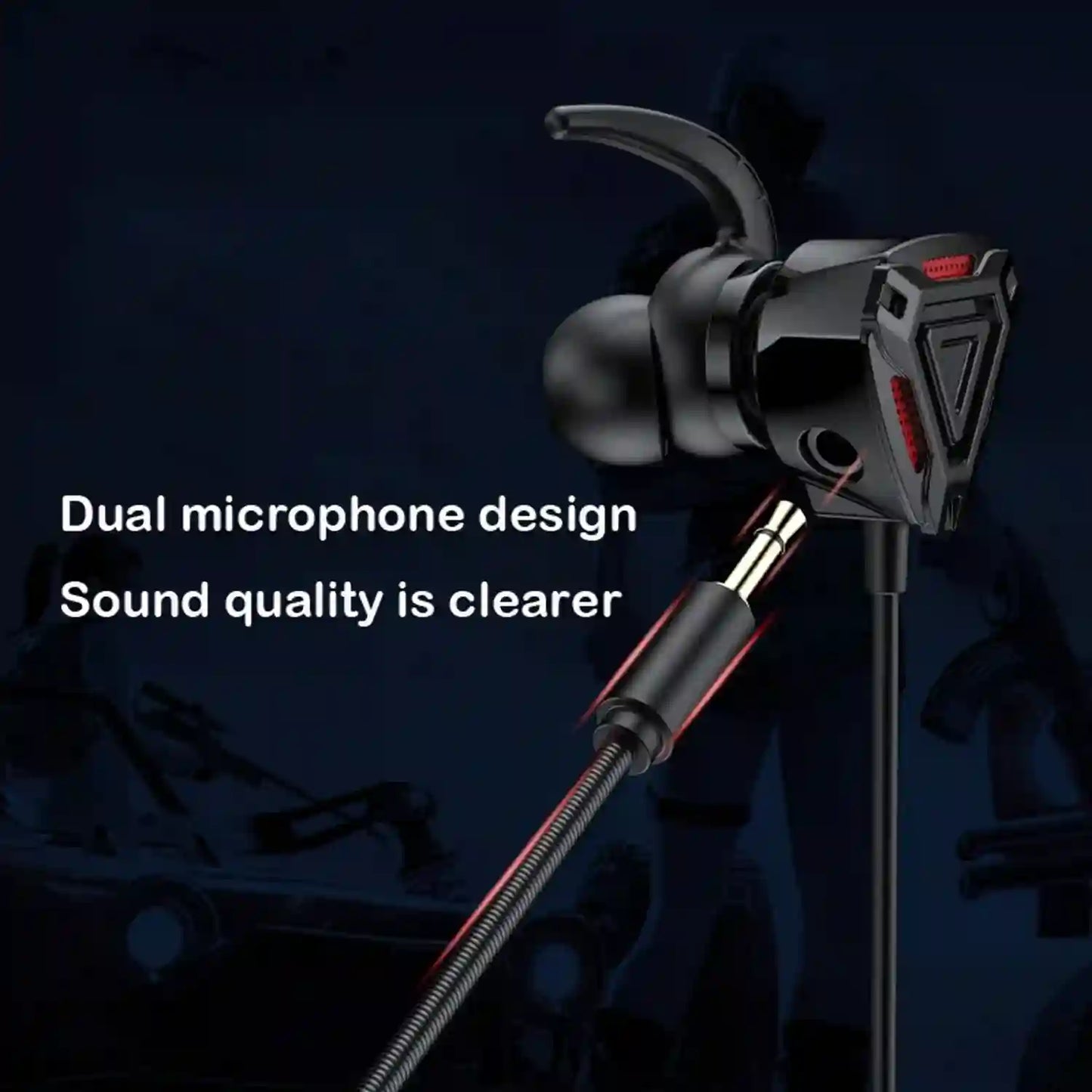 In-ear headphones with dual microphone design on a dark background