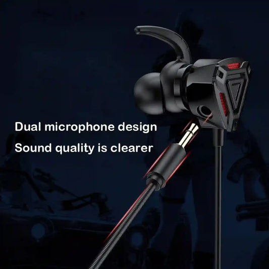 In-ear headphones with dual microphone design on a dark background