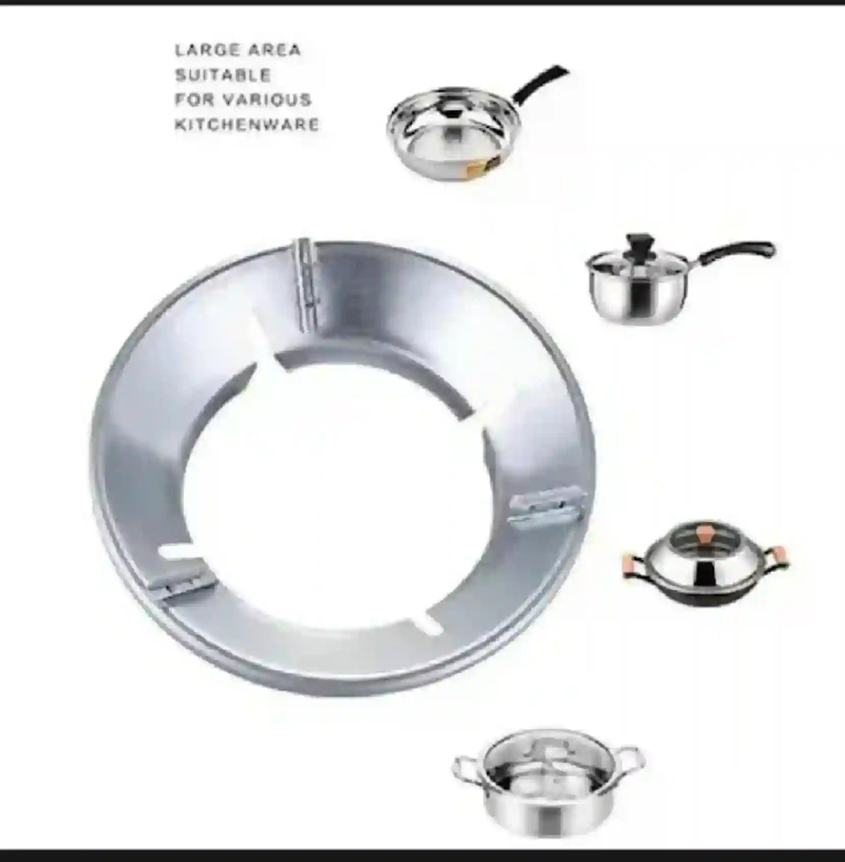 Metallic kitchen ring with various small cookware items on a white background