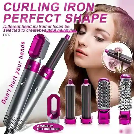 Hair curling iron set with multiple attachments and a woman with styled hair.