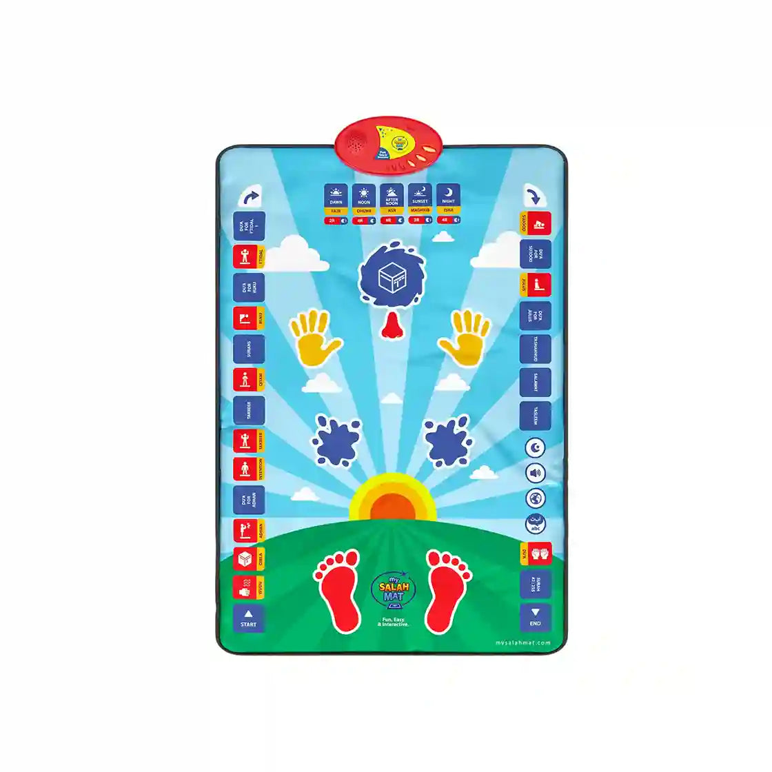 Colorful educational mat with various symbols and designs on a white background