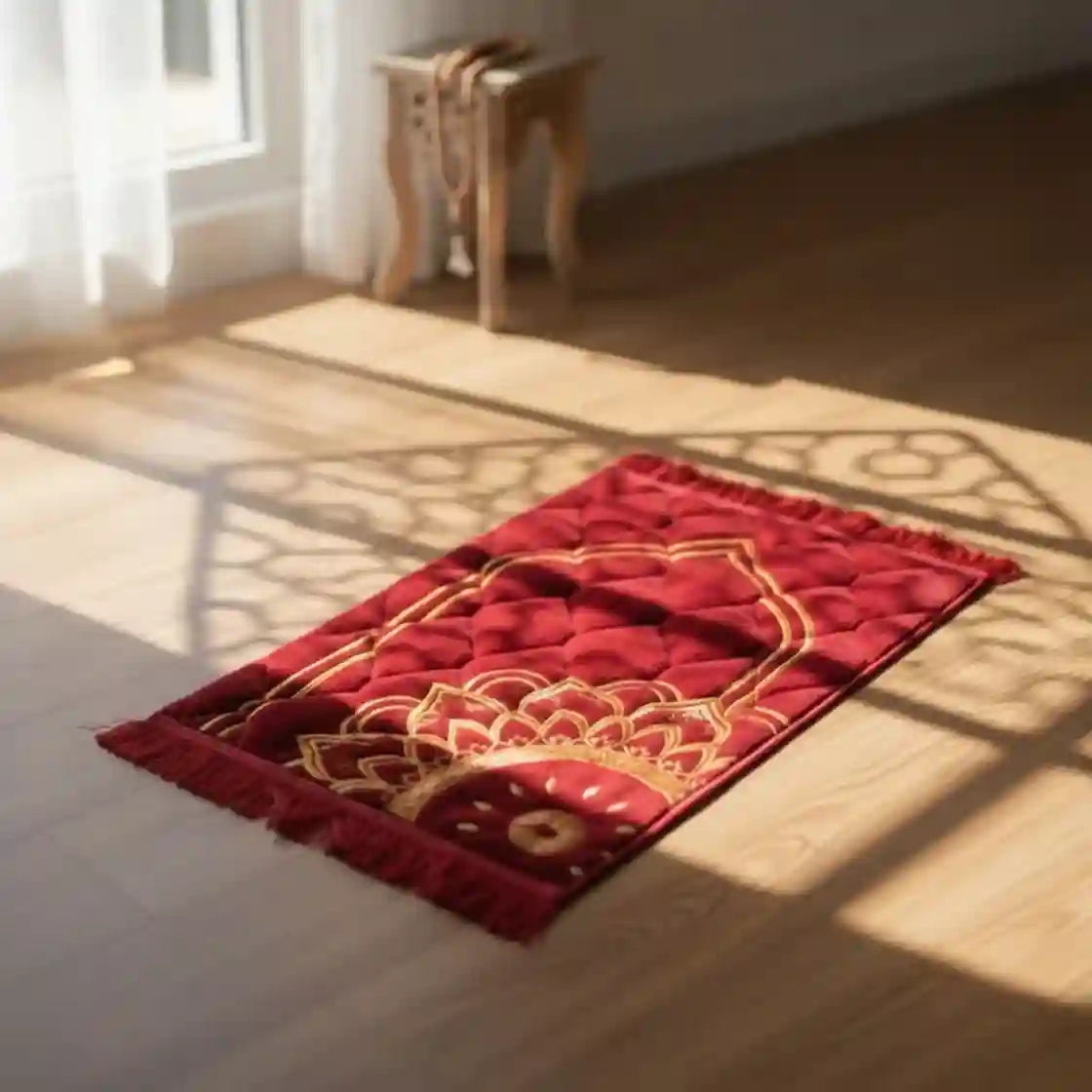 Red and gold prayer mat on a wooden floor with sunlight casting shadows
