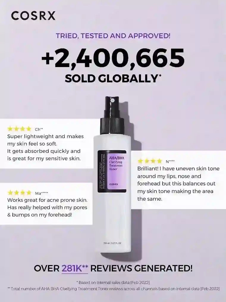Cosrx product with global sales and customer reviews on a light purple background