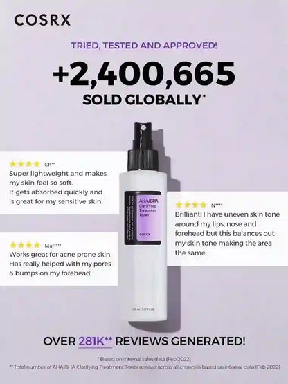 Cosrx product with global sales and customer reviews on a light purple background