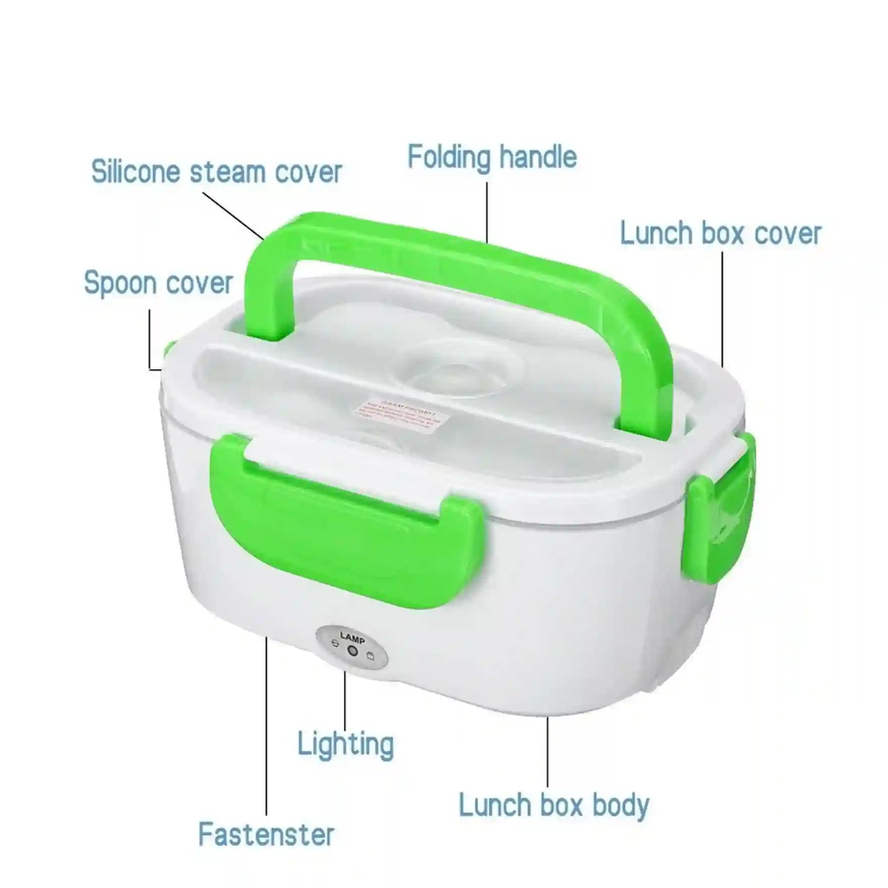 White and green electric lunch box with labeled parts on a white background