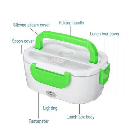 White and green electric lunch box with labeled parts on a white background
