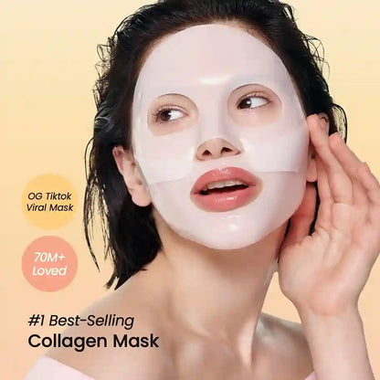 Woman wearing a collagen mask with text indicating it's a viral TikTok product.