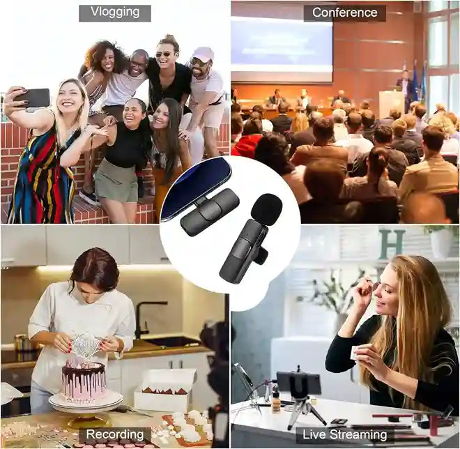 Collage of people in various settings with a focus on microphones for vlogging, conference, recording, and live streaming.