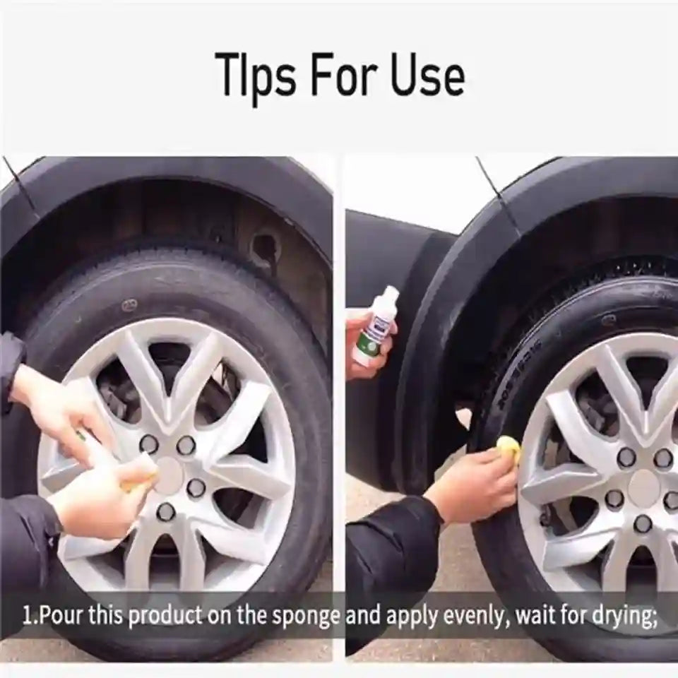 Instructions for using a product on car tires with text 'Tips For Use'.
