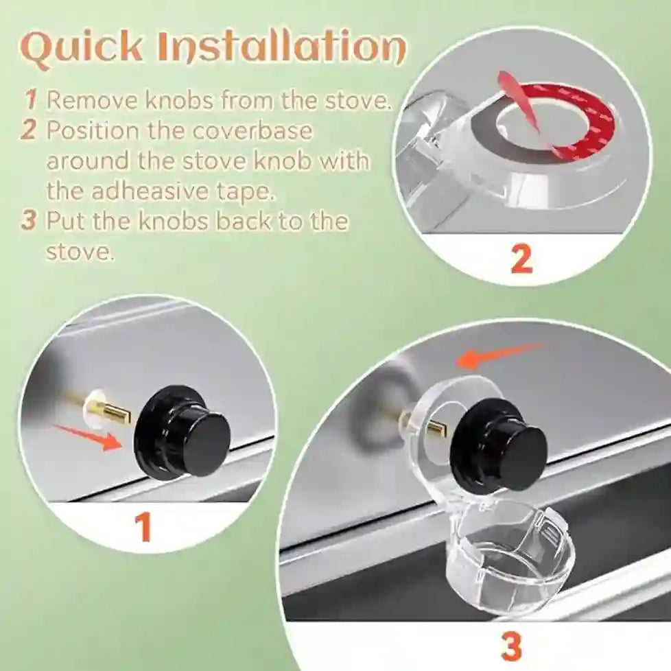 Instructions for installing stove knobs with adhesive tape on a green background