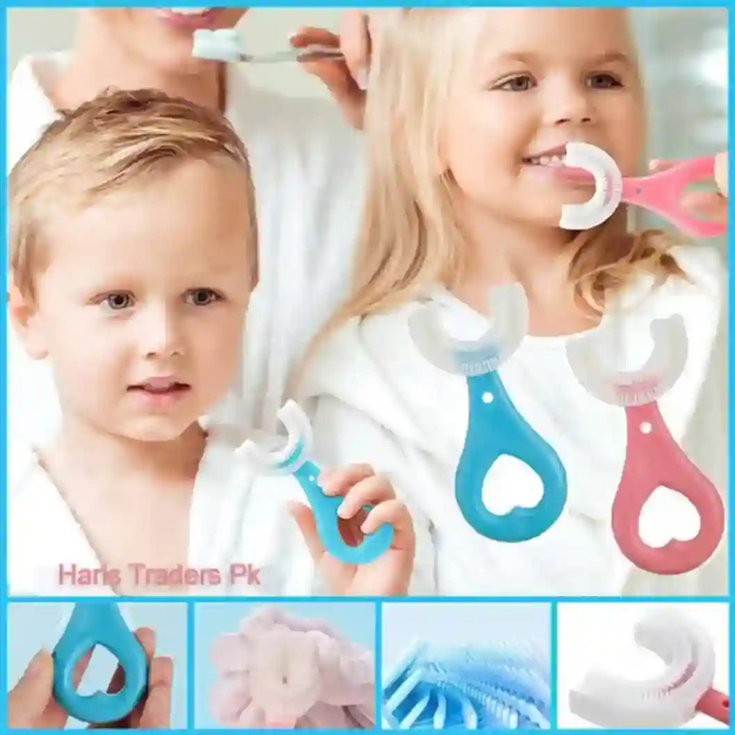 Two children using baby toothbrushes with a focus on a blue and pink toothbrush.
