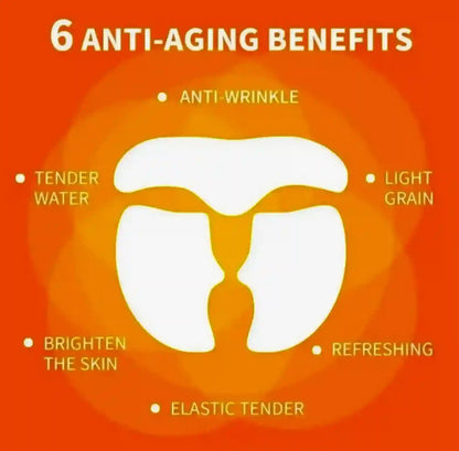 Diagram of a face with anti-aging benefits listed on an orange background