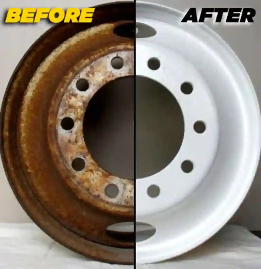 Before and after comparison of a rusted brake rotor and a cleaned, white brake rotor.