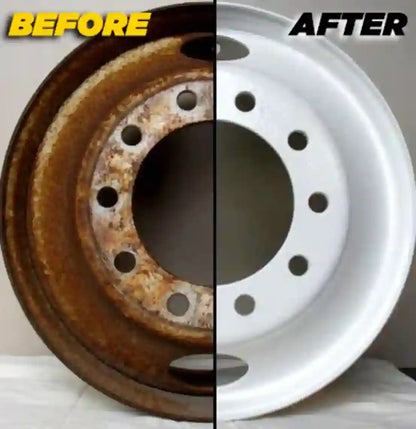 Before and after comparison of a rusted brake rotor and a cleaned, white brake rotor.