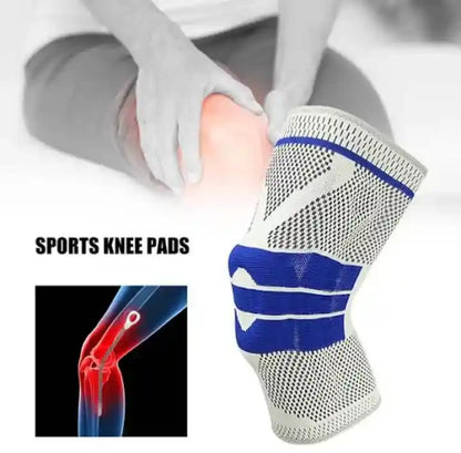 Sports knee pad with a close-up of a knee and a person wearing it on a white background.