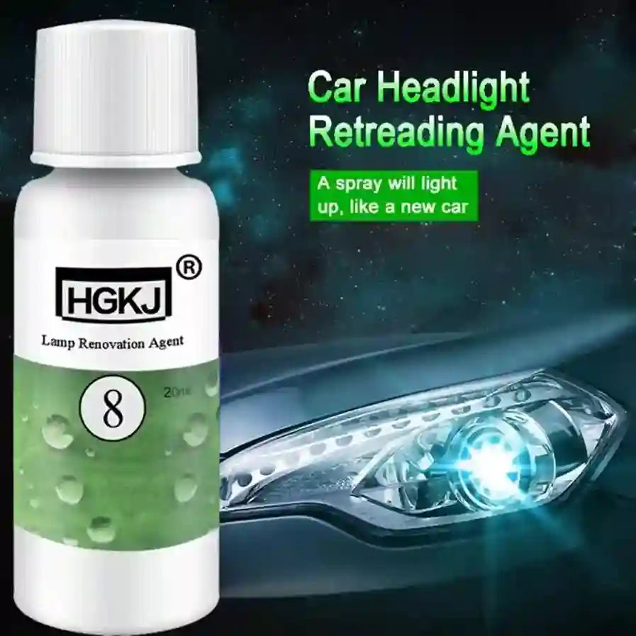 Car Headlight Retreading Agent bottle with a car headlight in the background