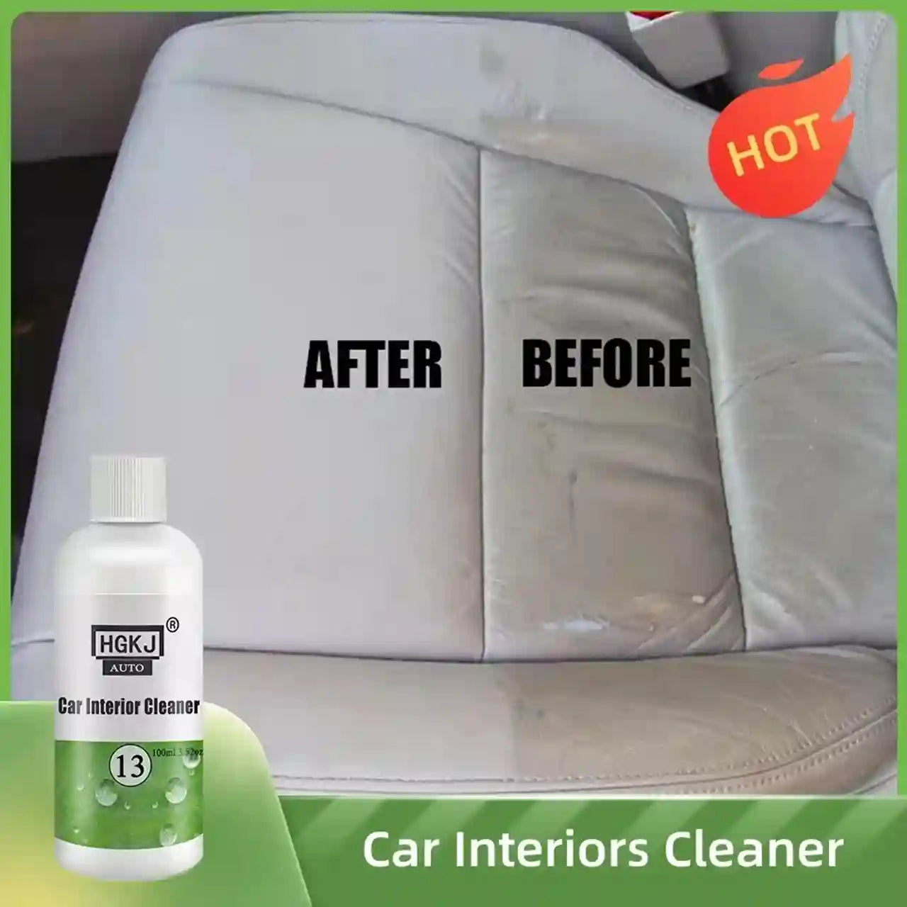 Car interior cleaner before and after comparison with a bottle labeled HGKJ Auto.