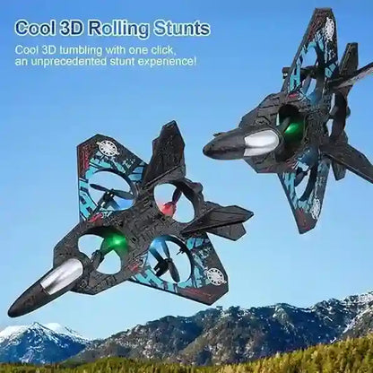 Toy airplane performing 3D rolling stunts against a mountainous background
