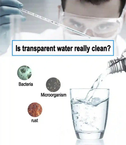 Person pouring water into a glass with text 'Is transparent water really clean?' and images of bacteria, microorganisms, and rust.
