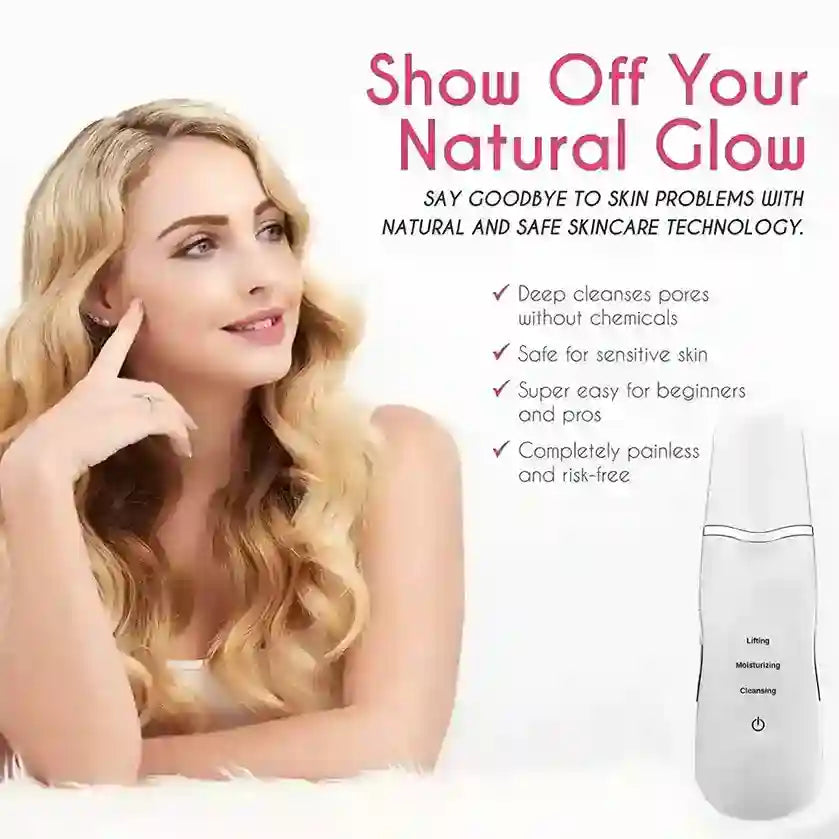 Advertisement for skincare product with a woman and text about natural glow and safe technology.
