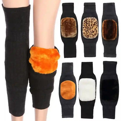 Black knee pads with various colored patches on a person's leg and displayed separately.
