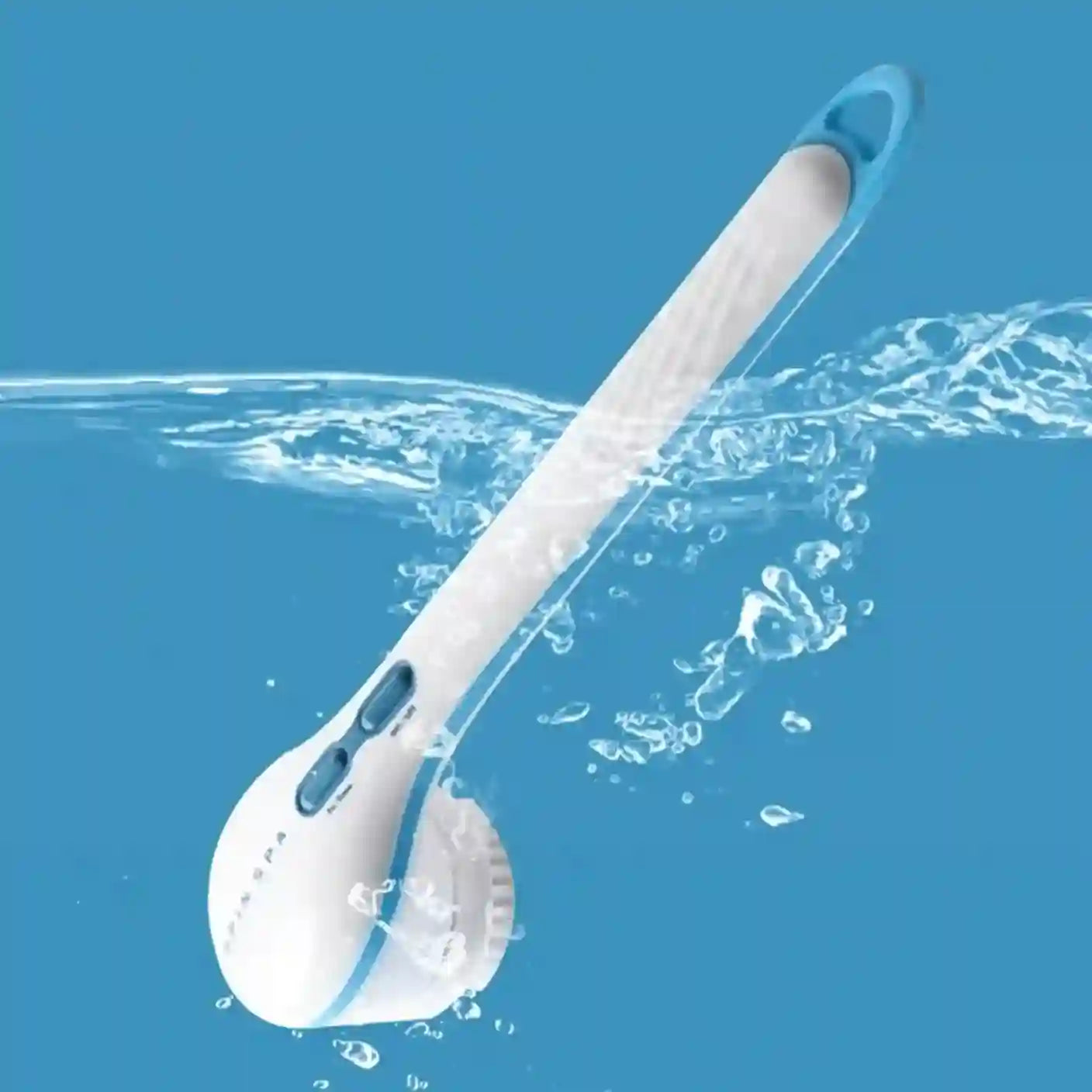 White cleaning brush with water splashes on a blue background