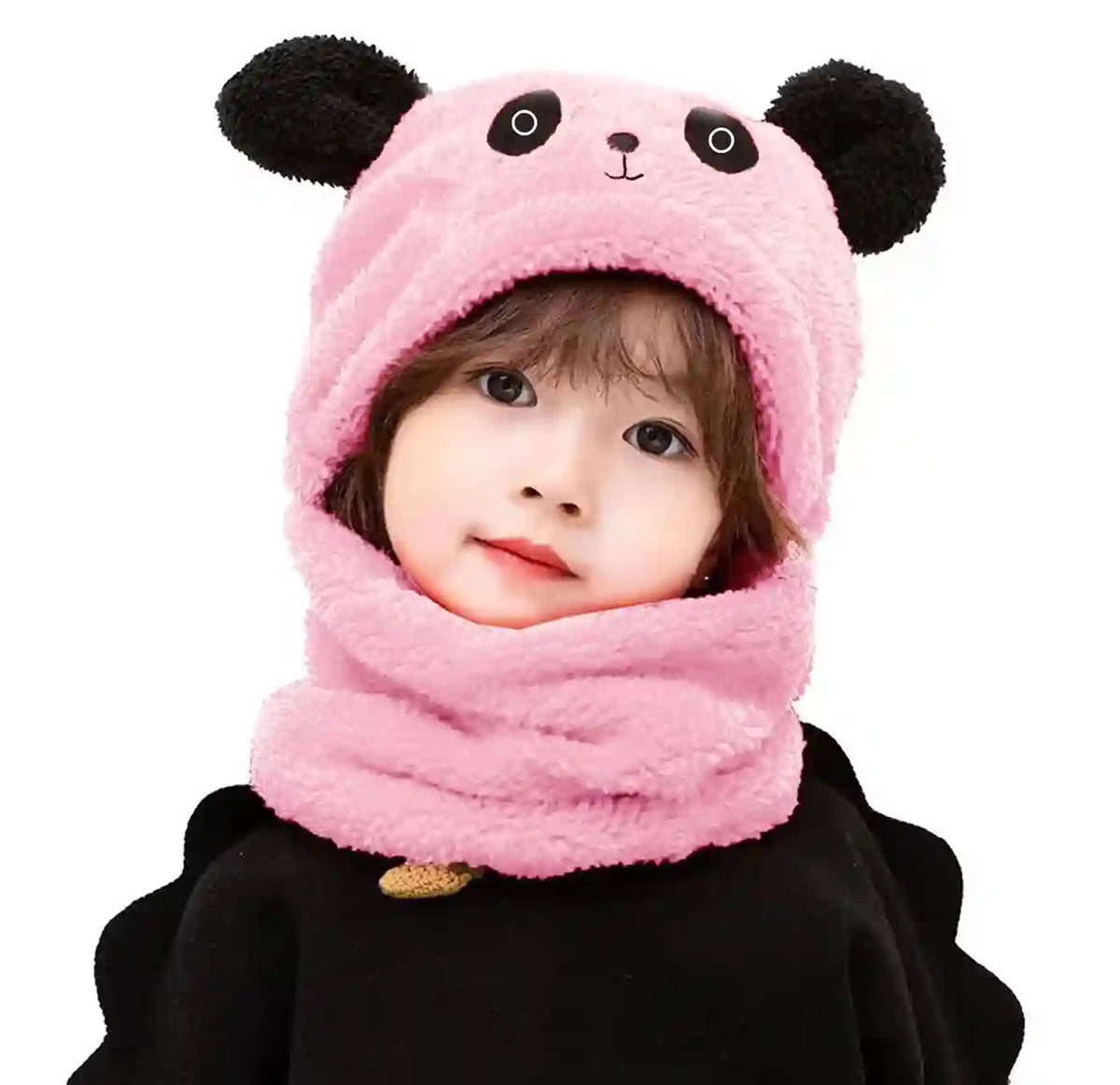 Child wearing a pink panda hat and scarf on a white background