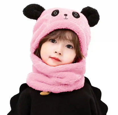 Child wearing a pink panda hat and scarf on a white background