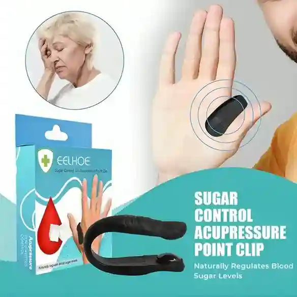 Sugar control acupressure point clip with packaging and a person wearing it, inset showing a person with a headache.