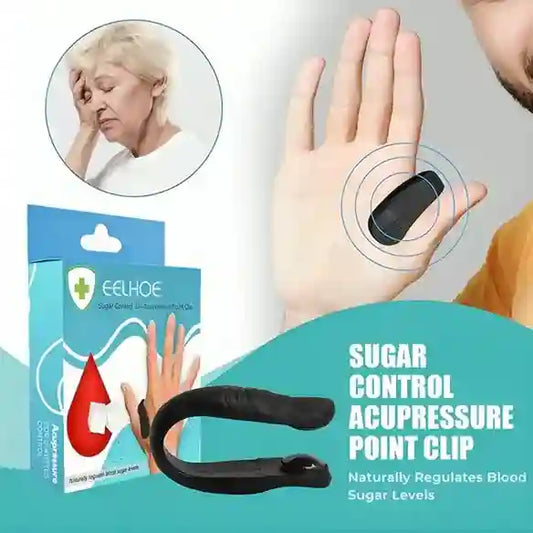 Sugar control acupressure point clip with packaging and a person wearing it, inset showing a person with a headache.