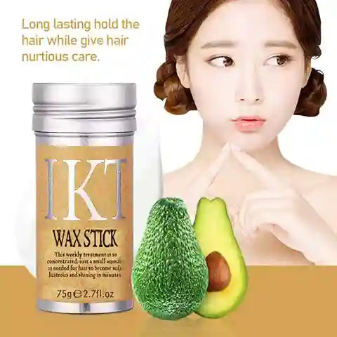 IKT Wax Stick with avocado illustration and text about hair care on a white background