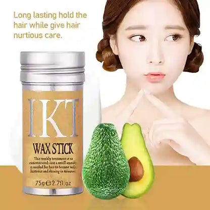 IKT Wax Stick with avocado illustration and text about hair care on a white background