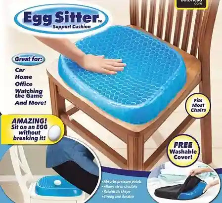Egg Sitter support cushion on a chair with promotional text and images.