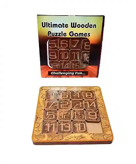 Wooden puzzle game with numbers and packaging labeled 'Ultimate Wooden Puzzle Games'.
