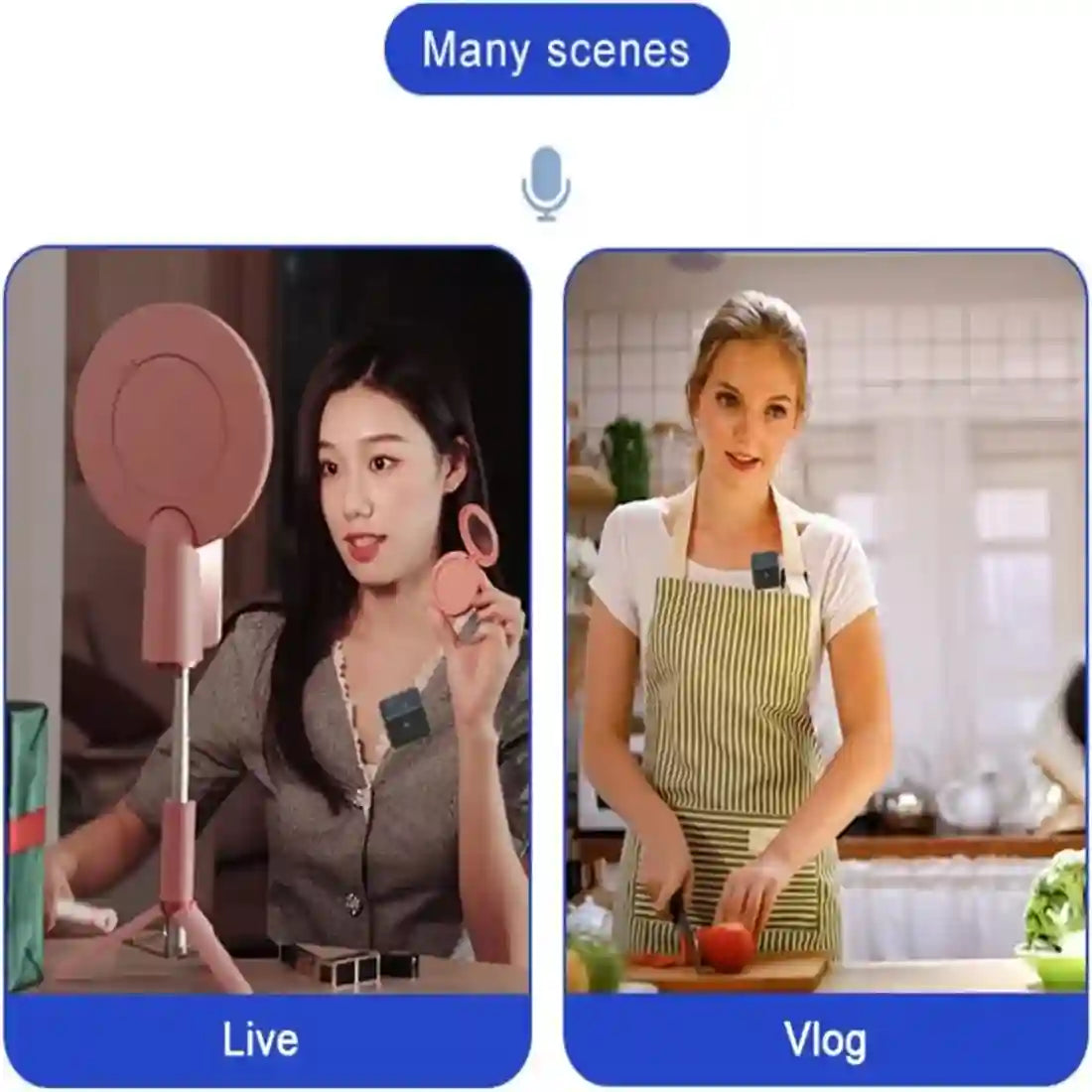 Two scenes showing a person on a live stream and another in a vlog setting.
