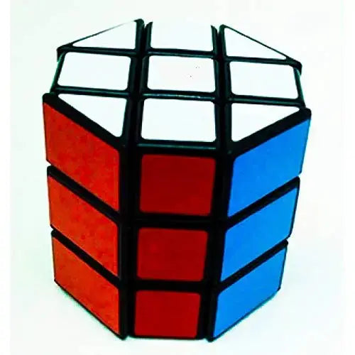 Geometric puzzle with red, blue, and black colors on a white background