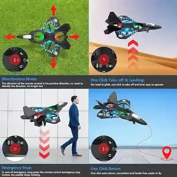 Collage of a remote-controlled toy airplane with features highlighted on a green and blue gradient background.