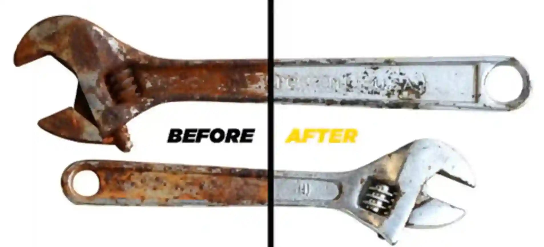 Before and after comparison of a rusty wrench being cleaned.