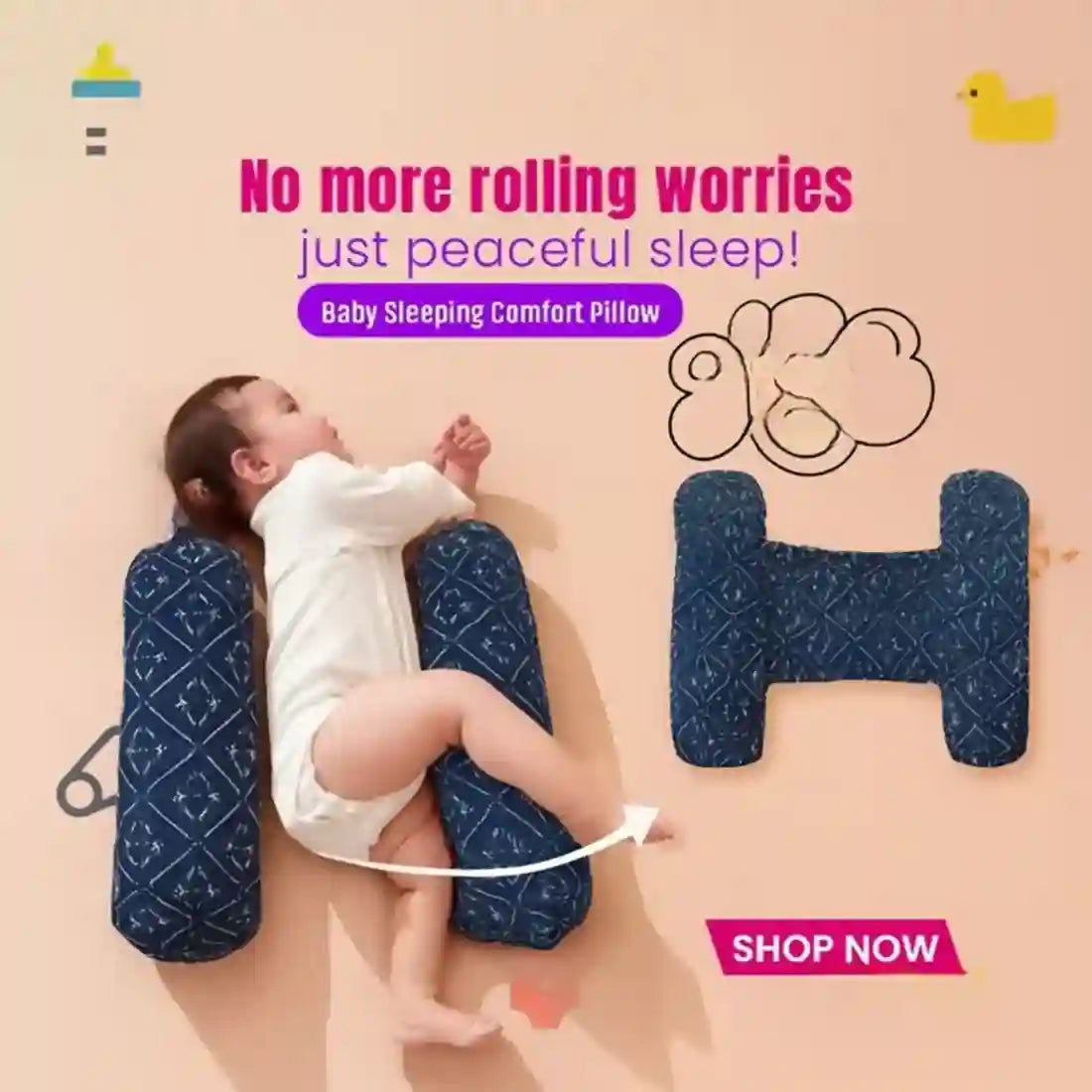 Baby sleeping on a blue pillow with text 'No more rolling worries, just peaceful sleep!' and 'Baby Sleeping Comfort Pillow' on a beige background.