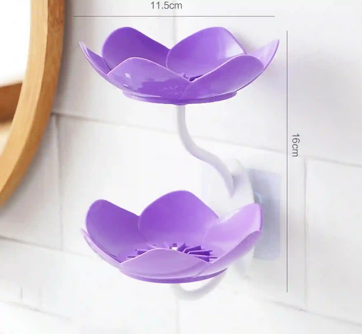 Purple wall-mounted soap holder with dimensions on a white background