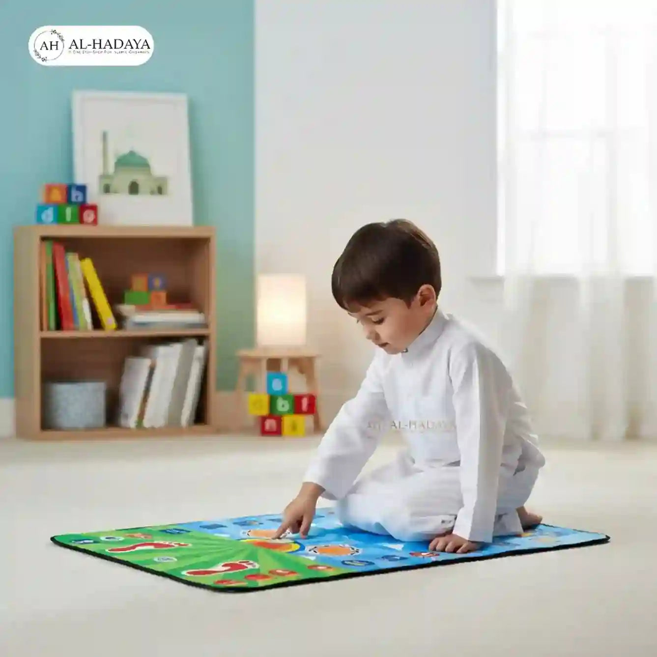 Child playing on a colorful mat in a room with a bookshelf and light blue wall.