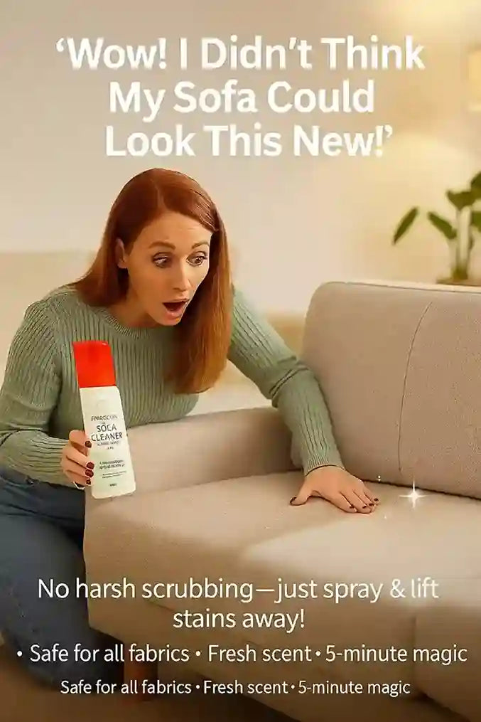 Woman holding a cleaning spray bottle next to a sofa with text about its effectiveness.