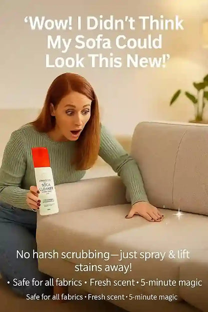 Woman holding a cleaning spray bottle next to a sofa with text about its effectiveness.