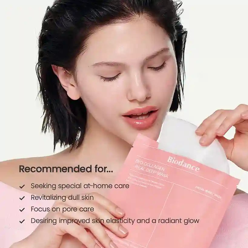 Woman holding a Biodance skincare product with text about product use.