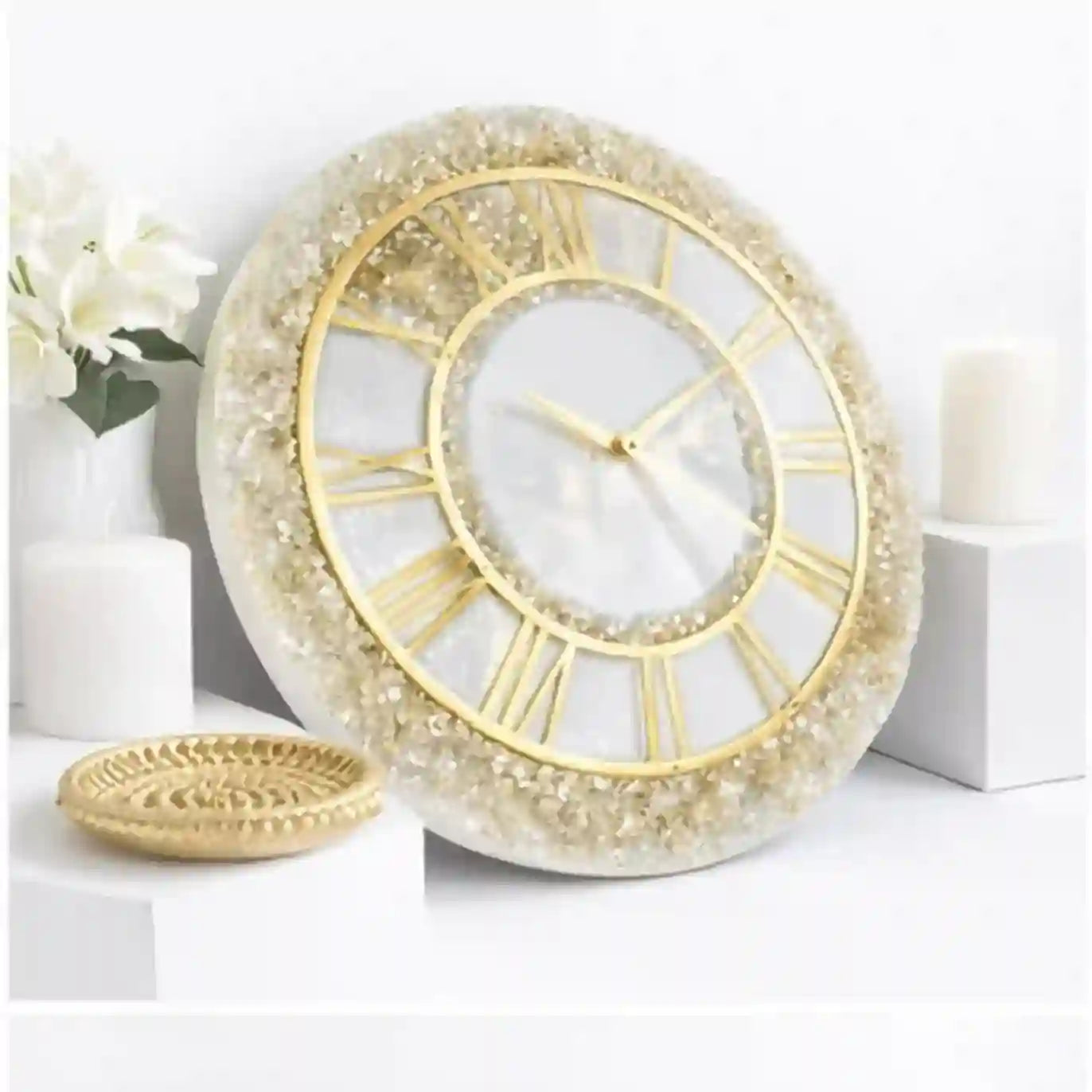 Mehmat Collection White Fire Glass Decorative wall clock with gold frame and white face on a white background