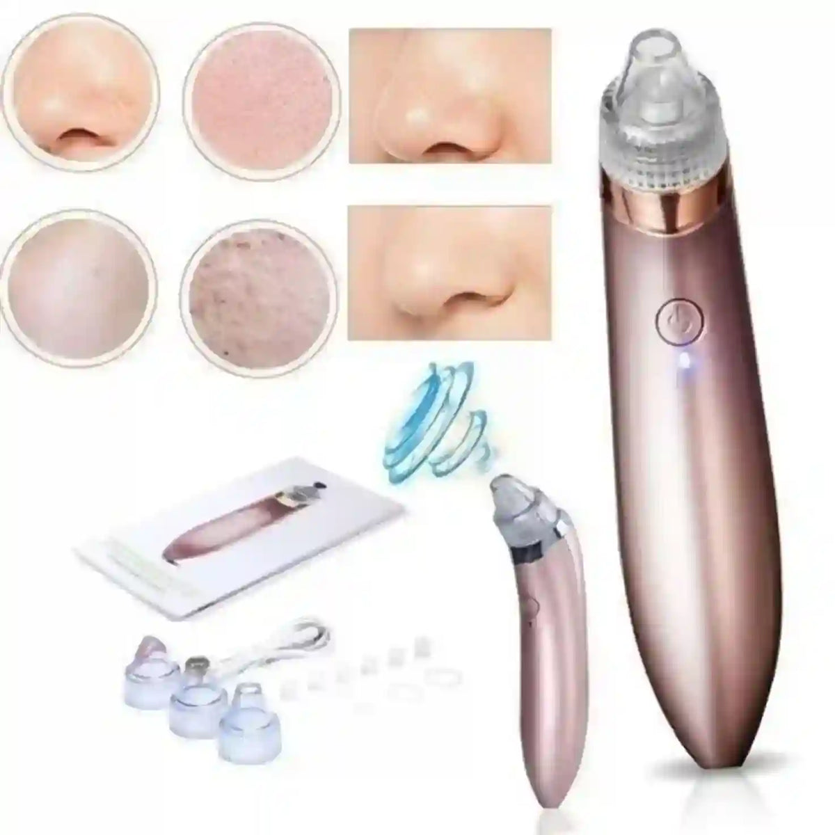 Beauty device with attachments and before-and-after skin comparisons on a white background