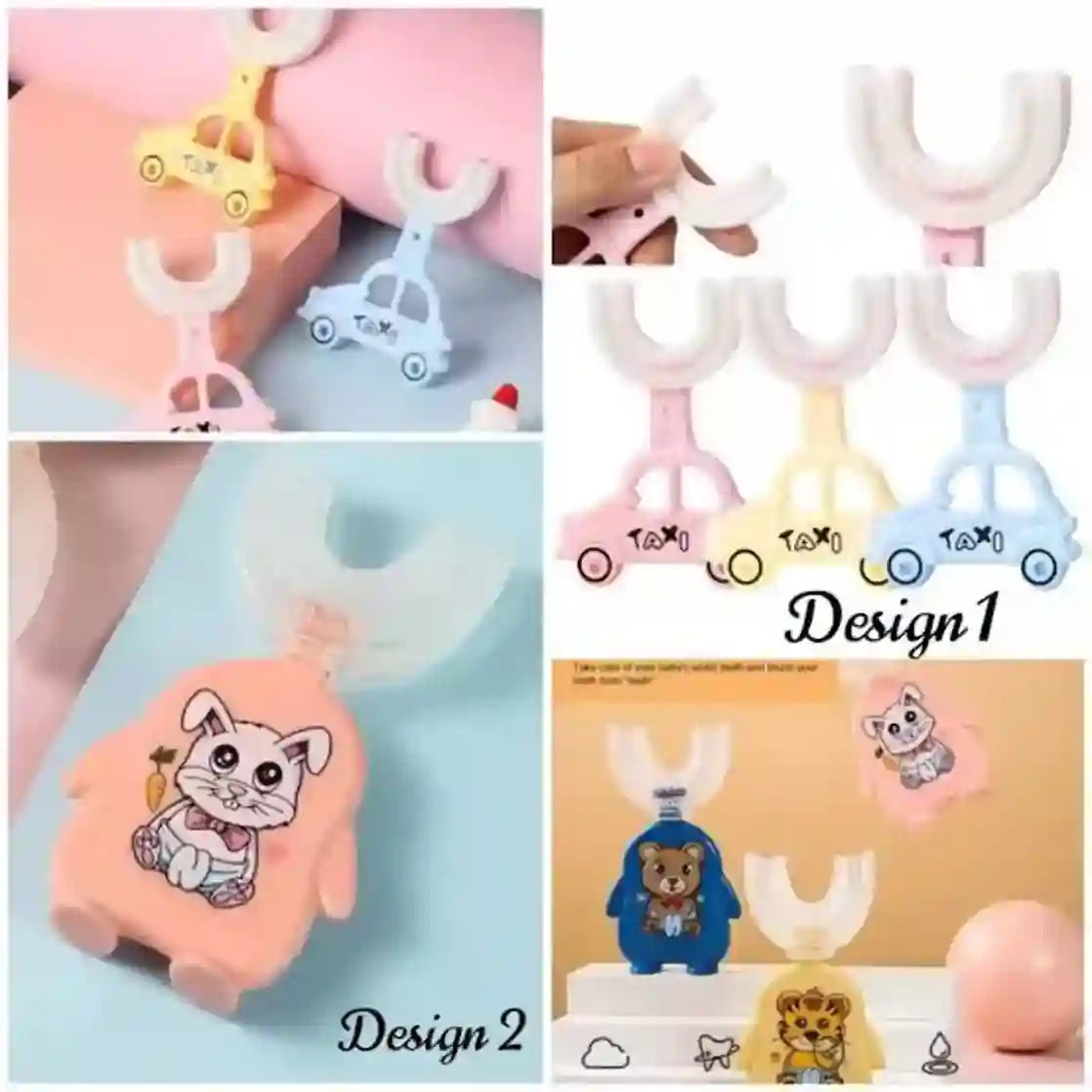 Collage of baby teether designs with cartoon characters on a colorful background.
