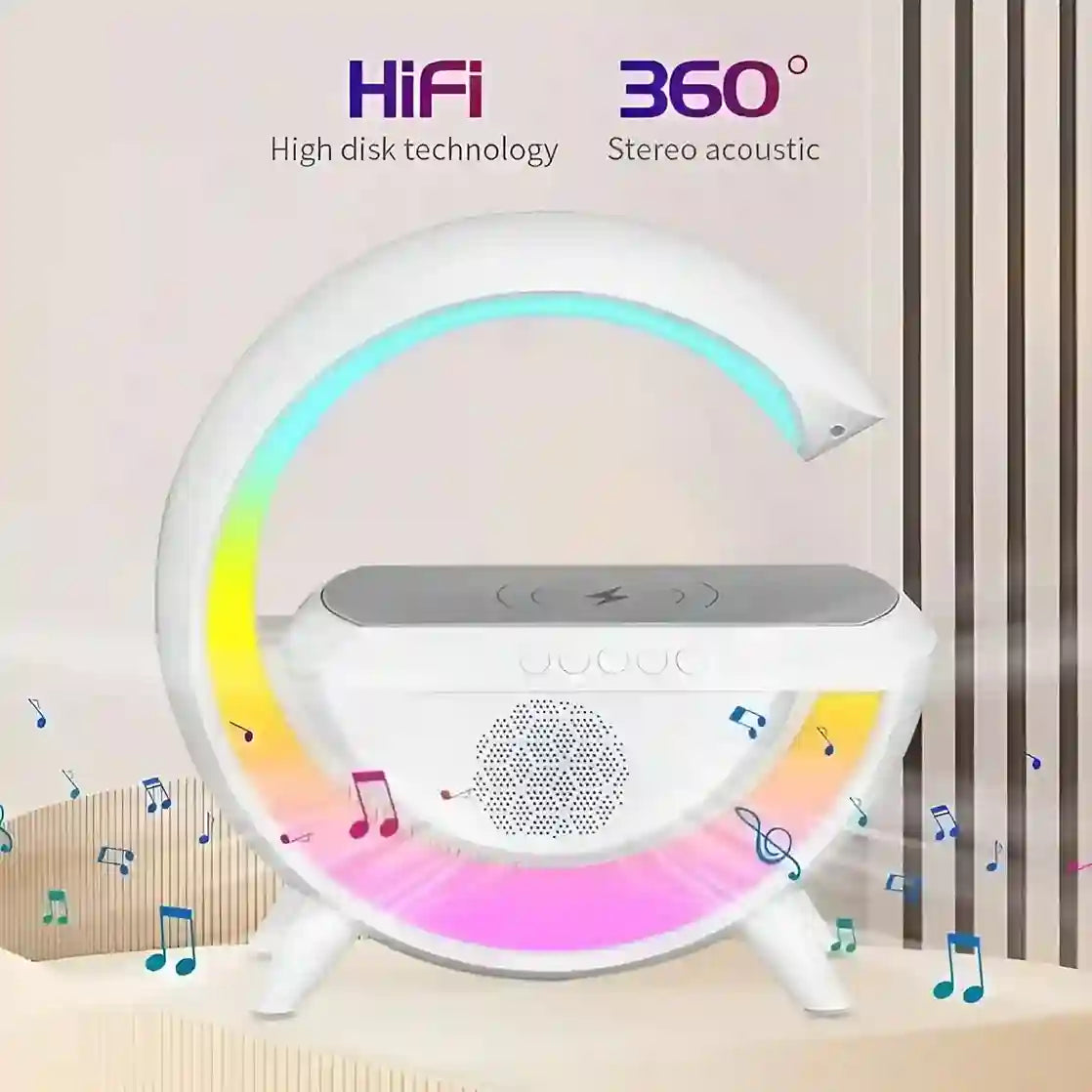Round LED lamp with colorful lighting effects and 'HiFi' and '360°' text on a light background.